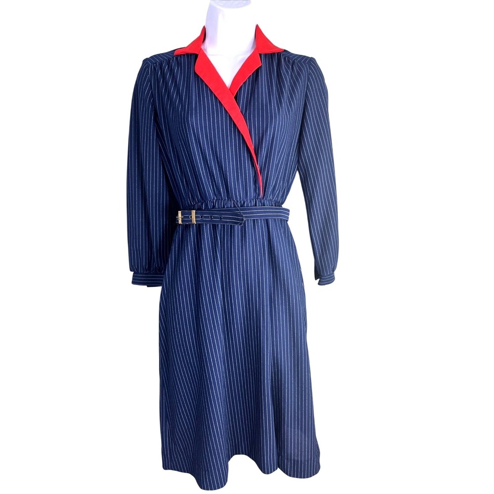 Lady Carol Petites Dress Womens S Navy Blue Pinstripe‎ Collar Belted Vintage 70s